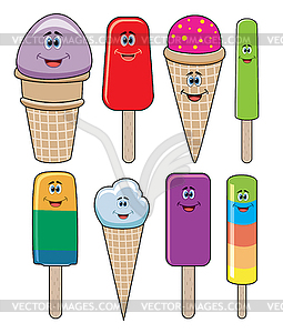Набор забавный и мороженое фруктовое мороженое - рисунок в векторе
