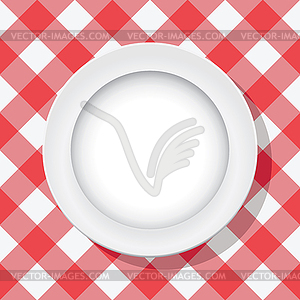 Red picnic tablecloth and empty plate - vector image