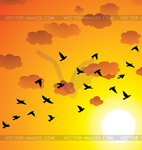 Flock of flying birds, clouds and bright sun - vector clip art