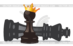 Chess pawn with golden crown and defeated king - vector clip art