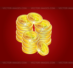 Golden coins on red background - vector image