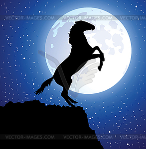 Horse on top of mountain and moon - vector image