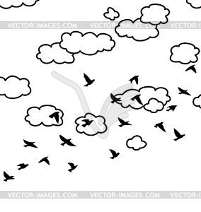 Стаю летящих птиц и облака в небе - векторный клипарт Royalty-Free