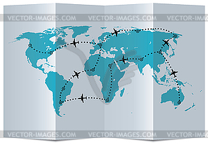 Paper map with airplane flight paths - vector clip art