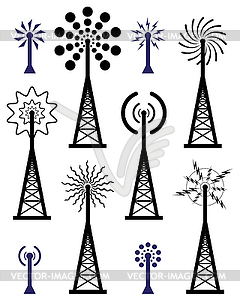 Radio tower and wave broadcast symbols and icons - stock vector clipart