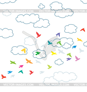 Flying birds and clouds in sky - vector image