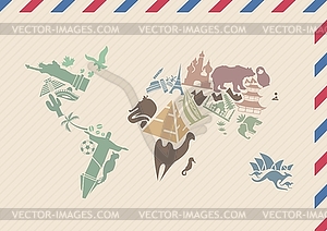 Vintage envelope with world map made of landmarks - vector image