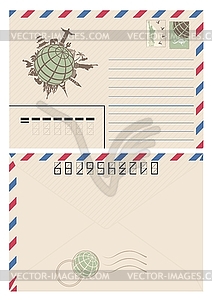 Vintage envelope with world map made of landmarks - vector image