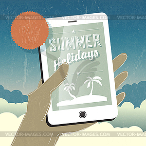 Summer holidays conceptual . Smart phone in hand. Ve - vector image