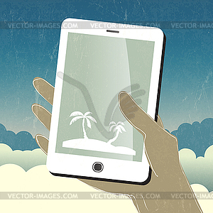 Summer travel conceptual . Smart phone in hand. Vect - vector clipart