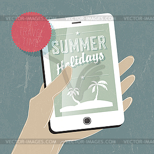 Summer travel conceptual . Smart phone in hand. Vect - vector clip art