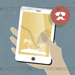 Summer travel conceptual . Smart phone in hand. Vect - vector clipart