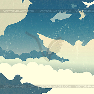 Doves in summer sky with clouds - vector image