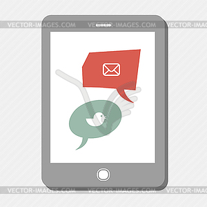 Tablet device with social media icons in speech - vector clipart