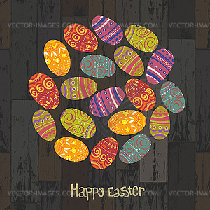 Easter eggs. Circle shaped on wooden planks - vector image