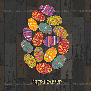 Easter eggs. Composed in one egg shape on wooden - vector clip art