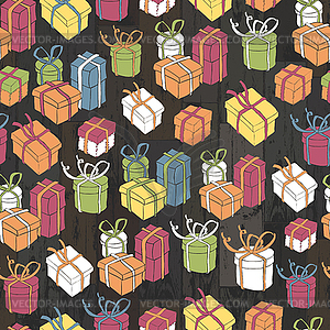 Seamless gifts pattern on wooden planks. - vector image