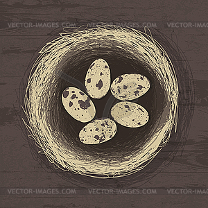 Eggs in nest on wooden texture. - vector clip art