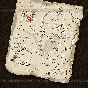 Treasure map on wooden background. Map under mask, - vector clipart