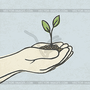 Hands with green sprout and dirt heap. Hand-drawn - vector clip art