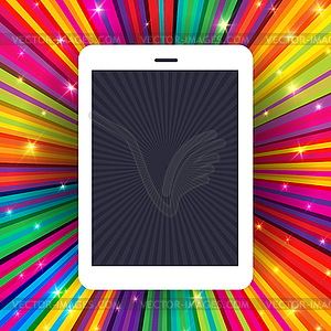 Tablet device on colorful rays background. - vector clipart