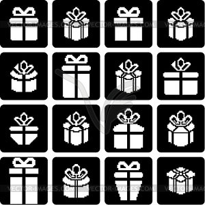 Подарочные коробки пиксела иконы, подарки к праздникам - векторизованное изображение