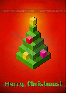 Christmas tree vintage card made of 3D pixels - vector clipart