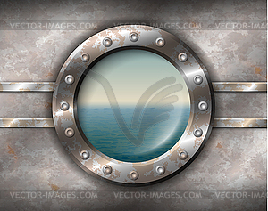 Rusty porthole with seascape - color vector clipart