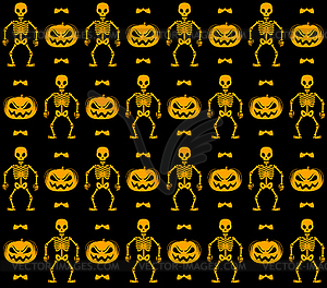Seamless pattern with skeletons, pumpkins and bats - stock vector clipart