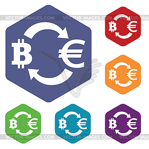 Bitcoin-euro exchange icon, hexagon set - vector clipart