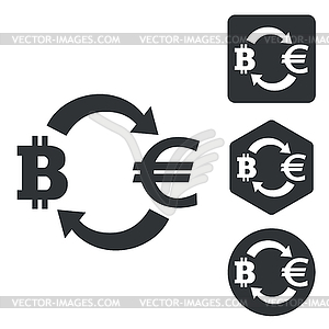 Bitcoin-euro exchange icon set, monochrome - royalty-free vector image