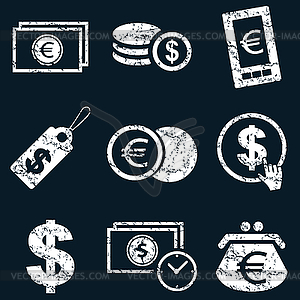 Currency icon set, white grunge - royalty-free vector image