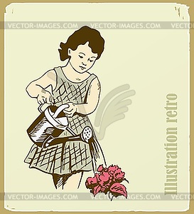 Retro an , girl takes care of flowers - vector clip art