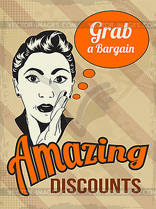Retro beautiful woman and amazing discounts me - royalty-free vector image