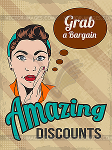 Retro beautiful woman and amazing discounts me - vector clipart