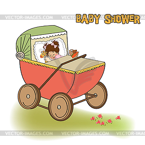 Baby girl shower card with retro strolller - vector clipart