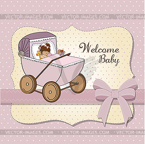 Baby girl shower card with retro strolller - vector image