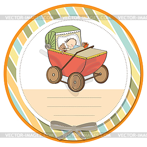 Baby boy shower card with retro strolller - vector clipart