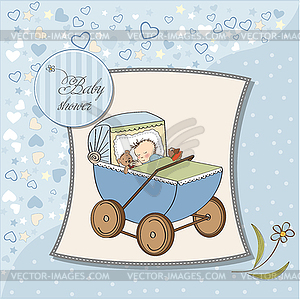 Baby boy shower card with retro strolller - vector EPS clipart