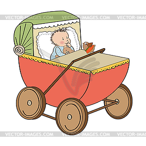 Baby boy in retro stroller - vector clip art