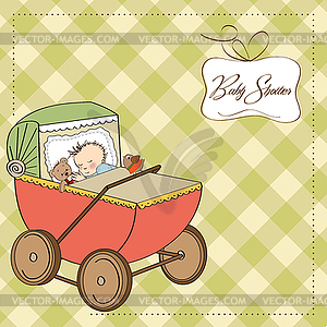 Baby boy shower card with retro strolller - vector image