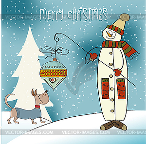 Snowman with big Christmas ball - vector clip art