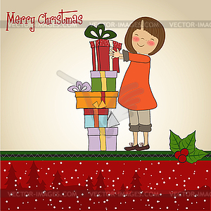 Pretty young girl with lot of Christmas gift box - color vector clipart