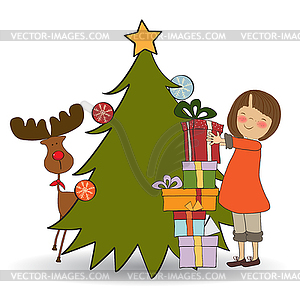 Pretty young girl with lot of Christmas gift box - vector image