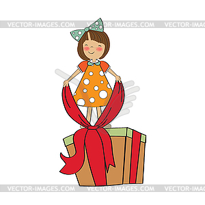 Nice girl with big gift box - vector image