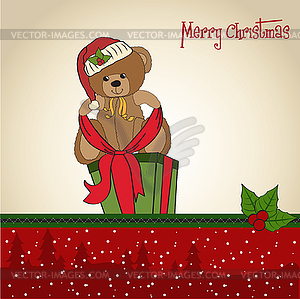 Cute teddy bear with big Christmas gift box - vector clipart