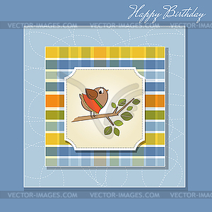 Birthday greeting card with funny little bird - vector image