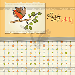 Birthday greeting card with funny little bird - vector clip art