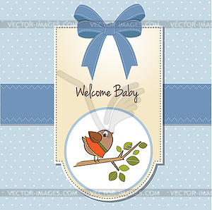 Welcome baby card with funny little bird - vector image