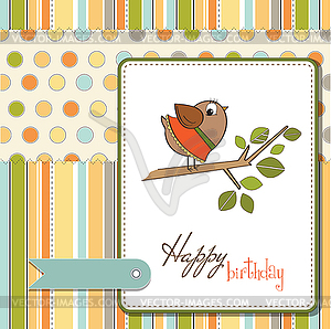 Birthday greeting card with funny little bird - vector clipart